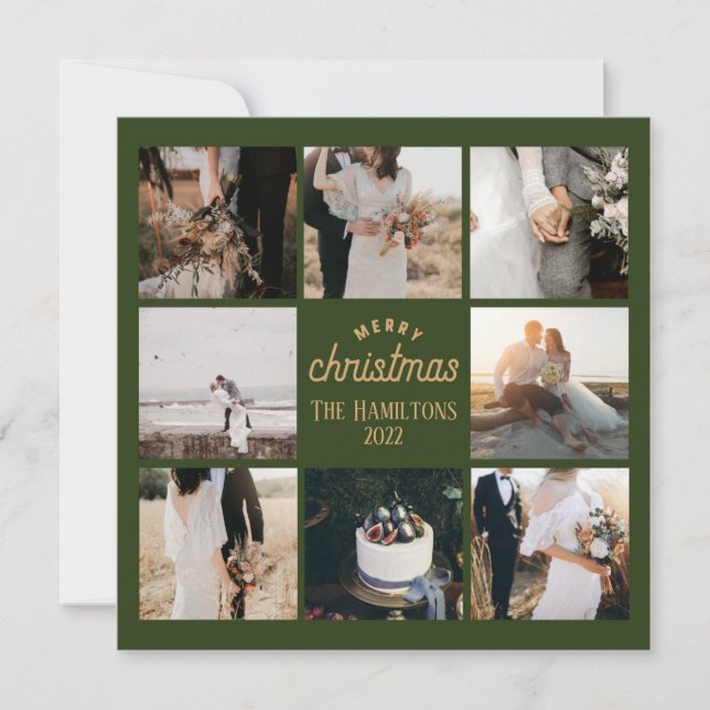 Christmas 8 Photo Collage Emerald Green Card (Front)