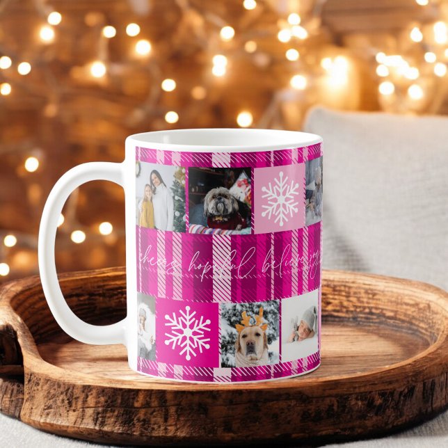 Christmas 8 photos grid best grandma pink plaid  coffee mug (Christmas 8 photos grid best grandma pink plaid coffee mug)
