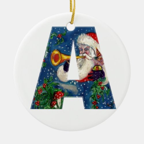 CHRISTMAS A LETTER  SANTA CLAUS BUGLER MONOGRAM CERAMIC ORNAMENT