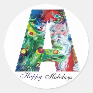 CHRISTMAS A LETTER / SANTA WITH CHRISTMAS TREE CLASSIC ROUND STICKER