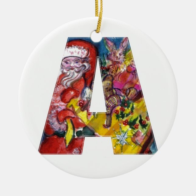 CHRISTMAS A LETTER  / SANTA  WITH GIFTS MONOGRAM CERAMIC ORNAMENT (Front)