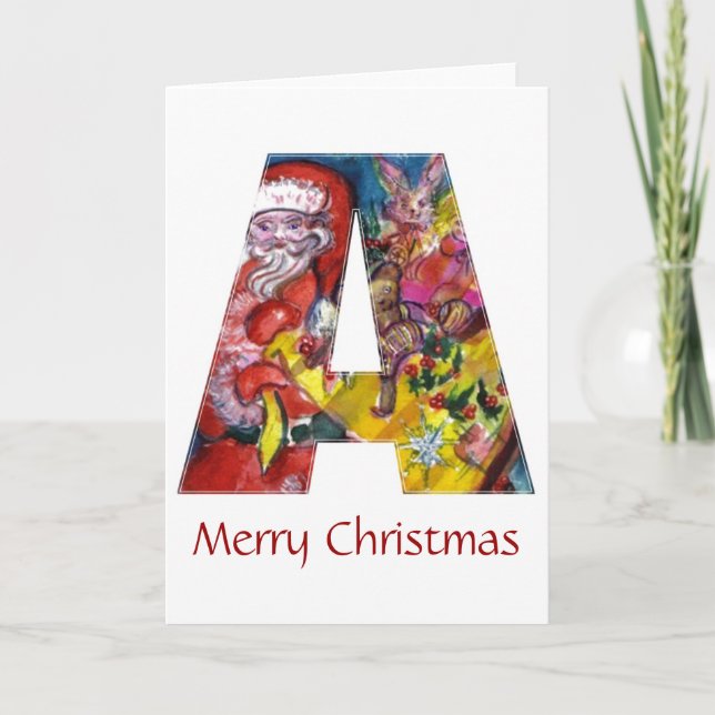 CHRISTMAS A LETTER  / SANTA  WITH GIFTS MONOGRAM HOLIDAY CARD (Front)