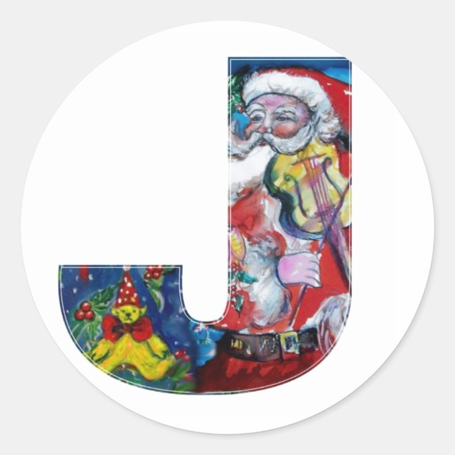 CHRISTMAS A LETTER  / SANTA WITH VIOLIN MONOGRAM CLASSIC ROUND STICKER (Front)