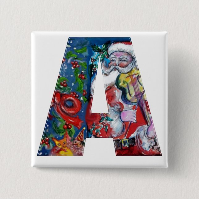 CHRISTMAS A LETTER / SANTA  WITH VIOLIN MONOGRAM PINBACK BUTTON (Front)