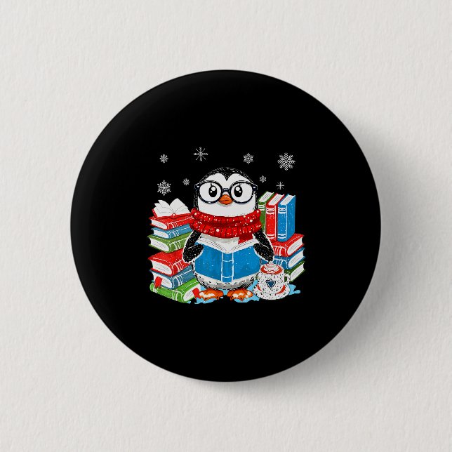 Christmas A Penguin Reading Book Snowflake Cocoa H Button (Front)