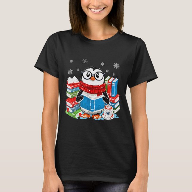 Christmas A Penguin Reading Book Snowflake Cocoa H T-Shirt (Front)