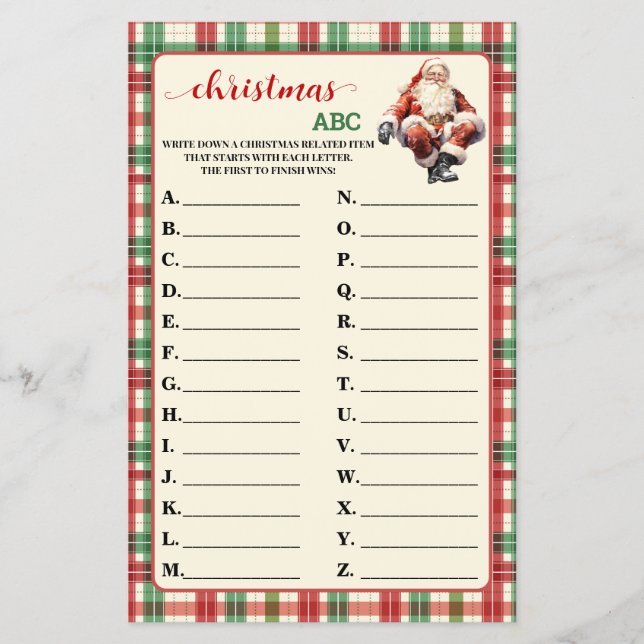 Christmas ABC Red Green Plaid Game Card  Flyer (Front)