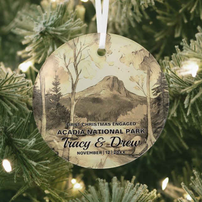 Christmas Acadia National Park Sepia Engage Couple Glass Ornament (Insitu)
