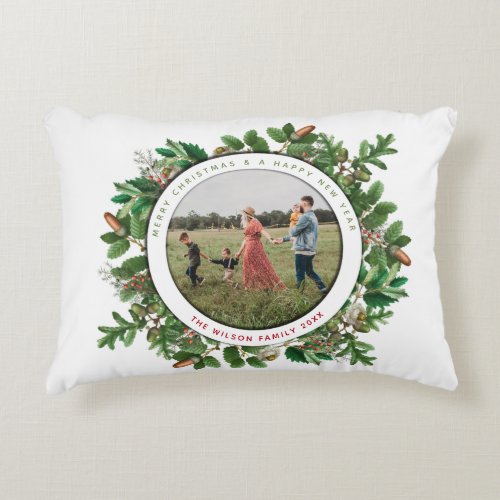 Christmas Acorn Wreath Family Photo Accent Pillow