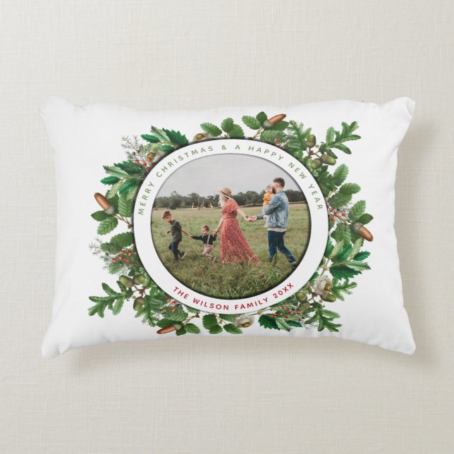 Christmas Acorn Wreath Family Photo Accent Pillow (Front)