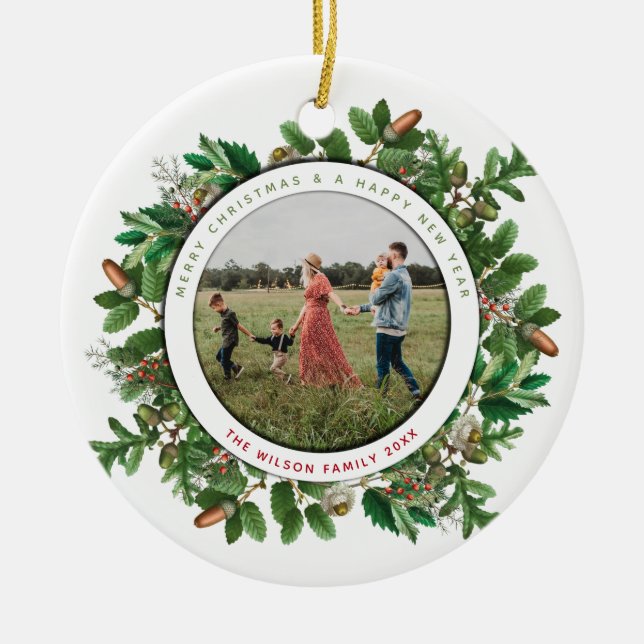 Christmas Acorn Wreath Family Photo Ceramic Ornament (Front)