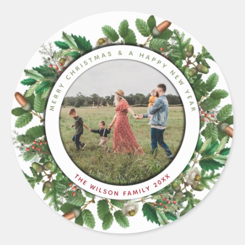 Christmas Acorn Wreath Family Photo Classic Round Sticker