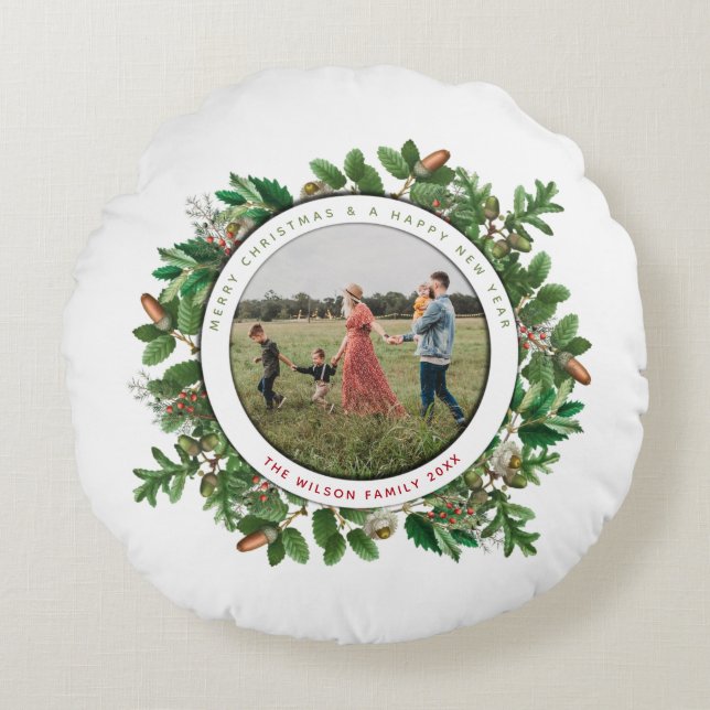 Christmas Acorn Wreath Family Photo  Round Pillow (Front)