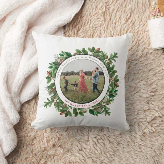 Christmas Acorn Wreath Family Photo Throw Pillow (Blanket)