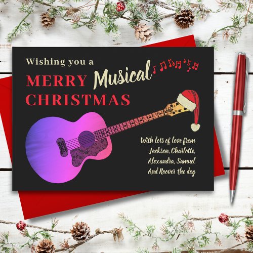 Christmas Acoustic Guitar Black and Pink Holiday Card