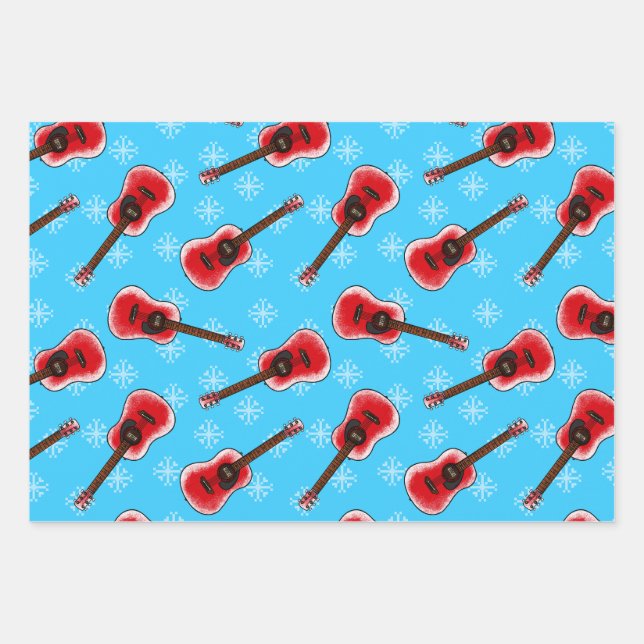 Christmas Acoustic Guitar Guitarist Pattern Wrapping Paper Sheets (Front)