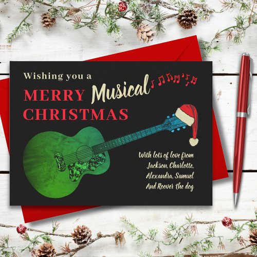 Christmas Acoustic Guitar Wearing Santa Holiday Card