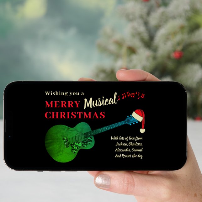 Christmas Acoustic Guitar Wearing Santa Holiday Card (Front Digital)
