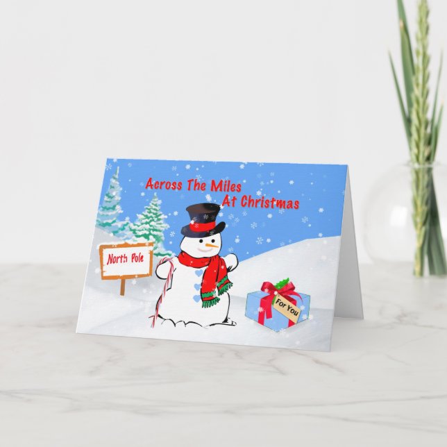 Christmas, Across the Miles, Snowman, Gift, Snow Holiday Card (Front)