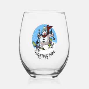 Christmas Add The Date Skiing Snowman Woolly Hat Stemless Wine Glass