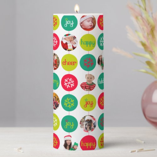 Christmas add your own photos baubles red green pillar candle