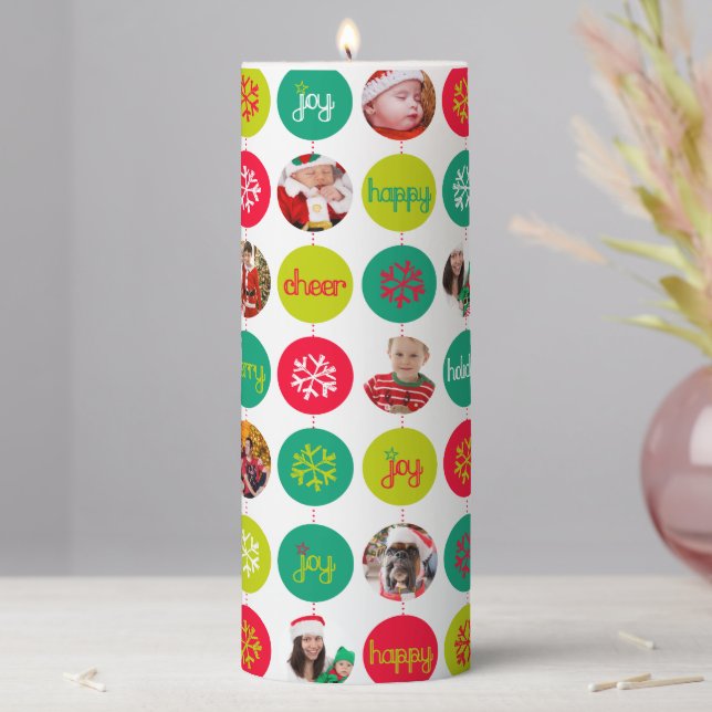 Christmas add your own photos baubles red green pillar candle (In Situ)