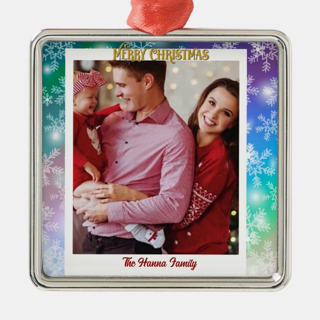 Christmas Add Your Picture and Name, Snowflake Metal Ornament (Front)