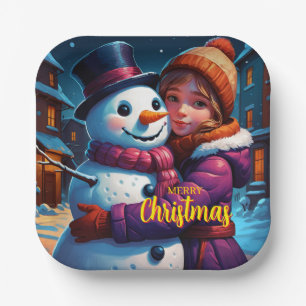 Christmas Adorable Girl And Snowman Paper Plates