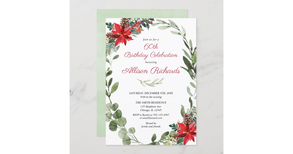 Christmas Adults Birthday red greenery floral Invitation | Zazzle