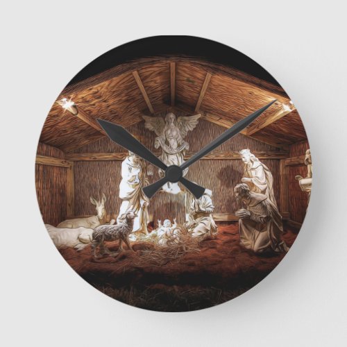 Christmas Advent Jesus Nativity Manger Scene Round Clock