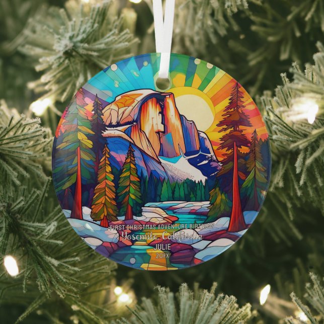 Christmas Adventure Birthday StainedGlass Yosemite Glass Ornament (Insitu)