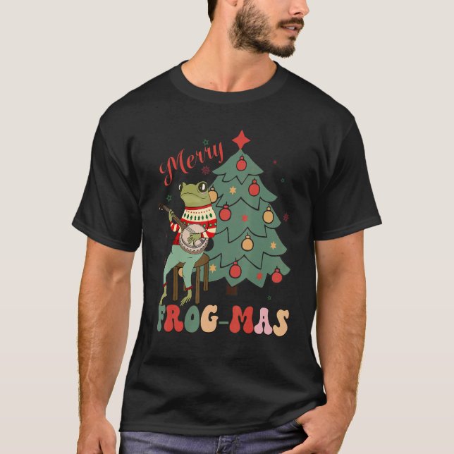 Christmas Aesthetic Cute Frog Playing Bonjo Merry  T-Shirt (Front)