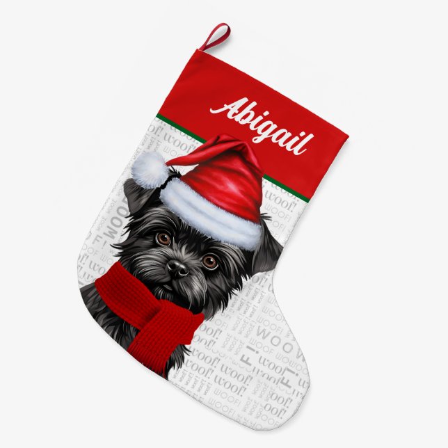 Christmas Affenpinscher Dog Name Woof Background Large Christmas Stocking (Front (Hanging))