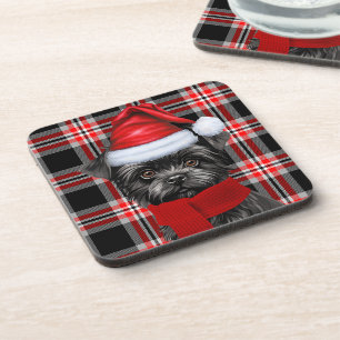 Christmas Affenpinscher Dog Red Plaid Holiday Beverage Coaster