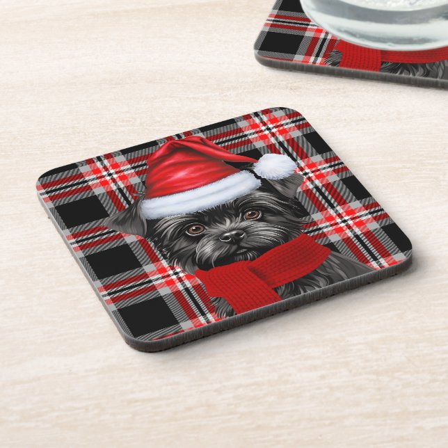 Christmas Affenpinscher Dog Red Plaid Holiday Beverage Coaster (Left Side)