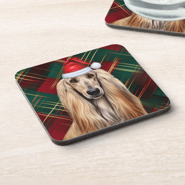 Christmas Afghan Hound Dog Red Plaid Holiday Beverage Coaster (Left Side)