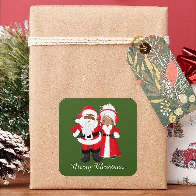 Christmas African American Santa Mrs. Claus Square Sticker (Holiday)