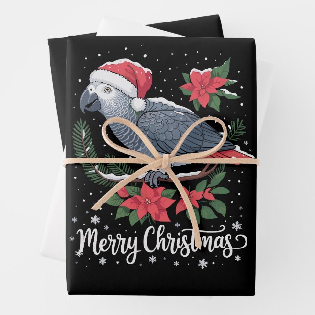 Christmas African Grey Parrot  Wrapping Paper Sheets (In situ)