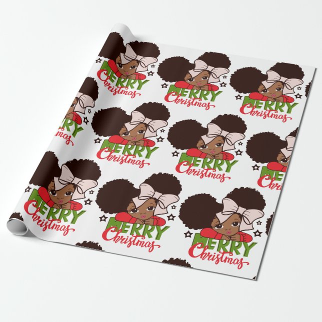 Christmas Afro Girl Black kid Cute Wrapping Paper (Unrolled)