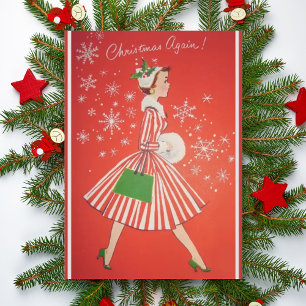 Christmas Again Vintage 1950s Fashion Lady Holiday Card