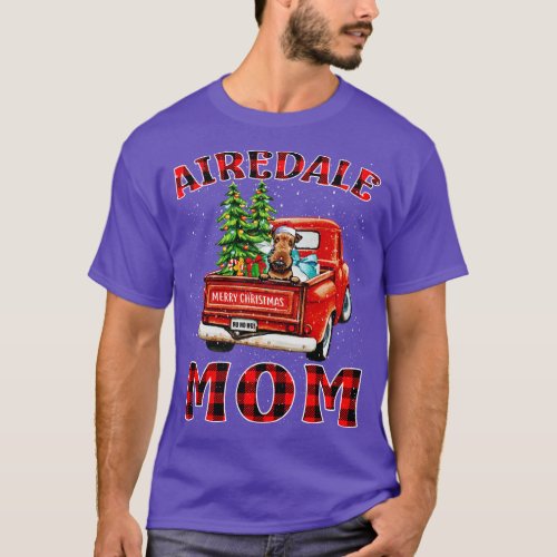 Christmas Airedale Mom Santa Hat Truck Tree Plaid  T_Shirt
