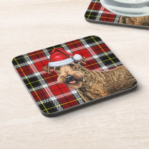Christmas Airedale Terrier Dog Red Plaid Holiday Beverage Coaster