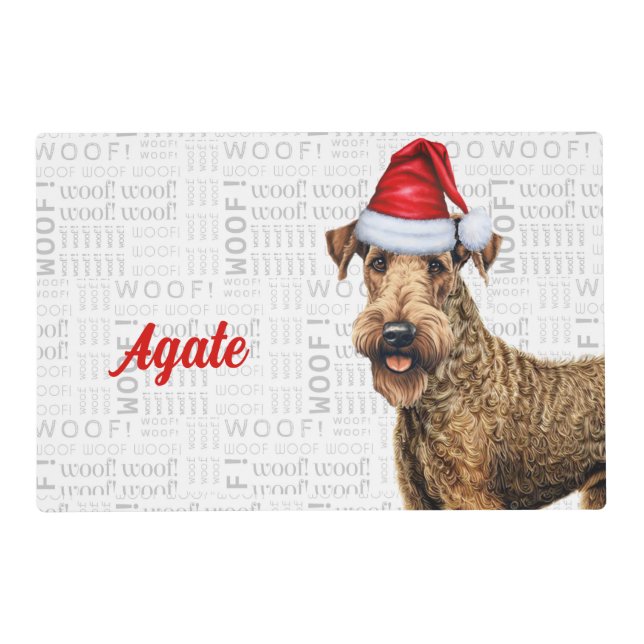 Christmas Airedale Terrier Dog's Name Pet Dinner Placemat (Front)