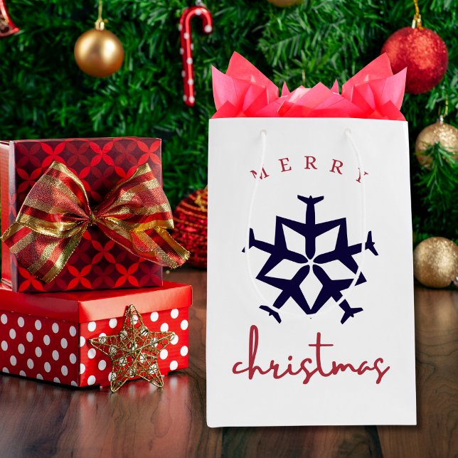 Christmas Airplane Snowflake Photo Funny Aviation  Medium Gift Bag (Creator Uploaded)
