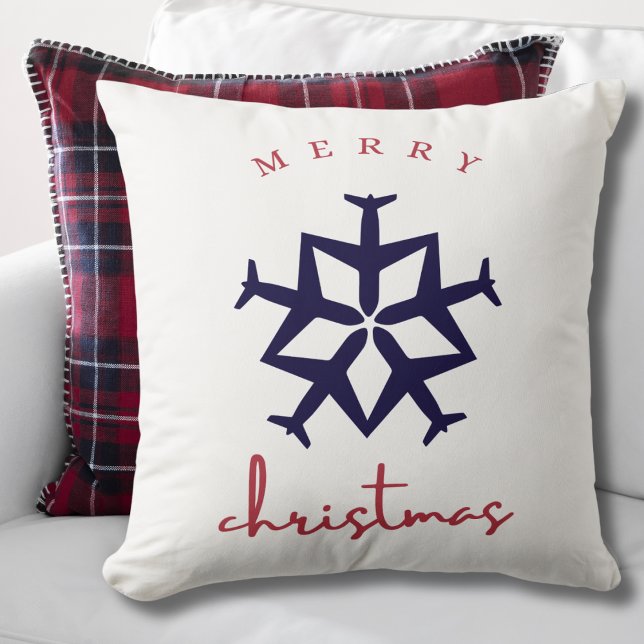 Christmas Airplane Snowflake Photo Funny Aviation  Throw Pillow (Creator Uploaded)