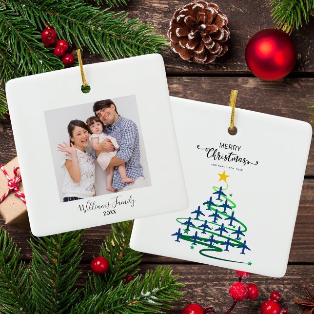 Christmas Airplane Tree & Photo Simple Aviation Ceramic Ornament (Creator Uploaded)