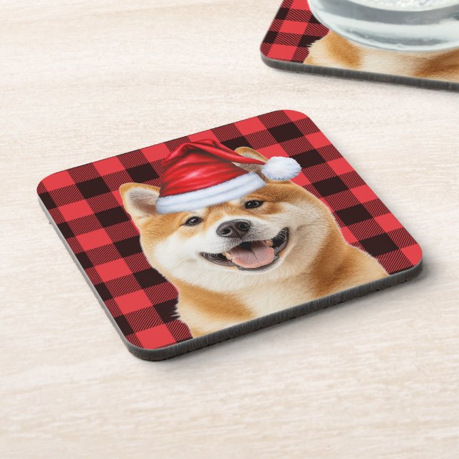 Christmas Akita Dog Red Buffalo Plaid Holiday Beverage Coaster (Left Side)