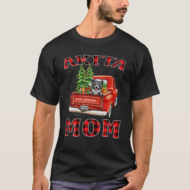 Christmas Akita Mom Hat Santa Truck Tree Plaid Dog T-Shirt (Front)