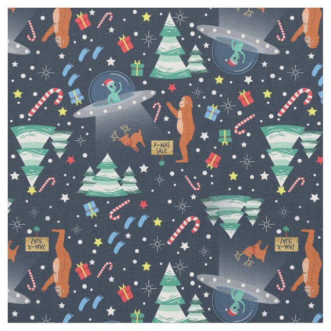 christmas alien abduction bigfoot yeti sasquatch fabric (Close Up)