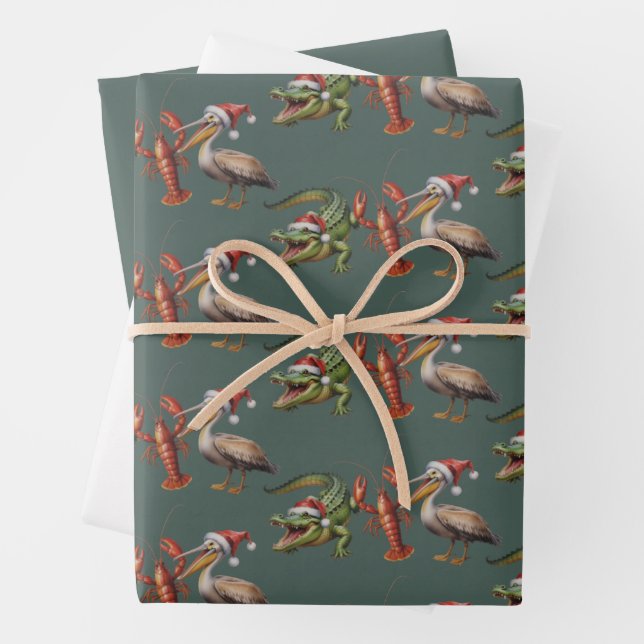 Christmas Alligator Pelican Crawfish Goose Animal Wrapping Paper Sheets (In situ)